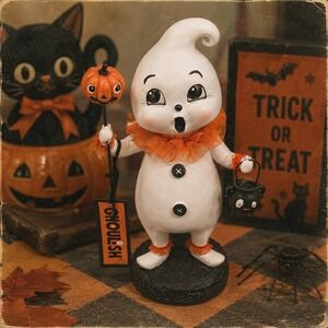 Ghoulish Halloween Ghost Figurine Vintage Style Clown Ruffle Pumpkin NEW